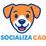 Logo Socializa Cão - Adestramento de Cães, o rosto de um cachorro nas cores laranja branco e azul.