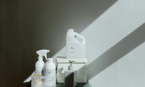 vários produtos de limpeza em cima de uma bancada remetendo os produtos que podem ser utilizados para limpar o ambiente do cachorro